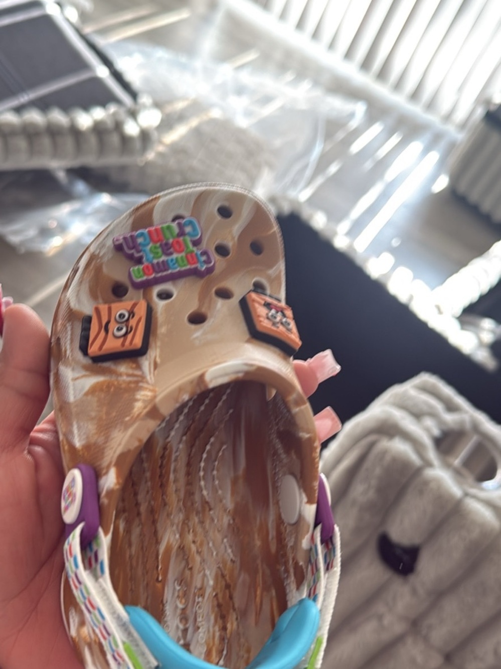 CROCS Kids Marbled Tan and White Clog with Colorful Charms